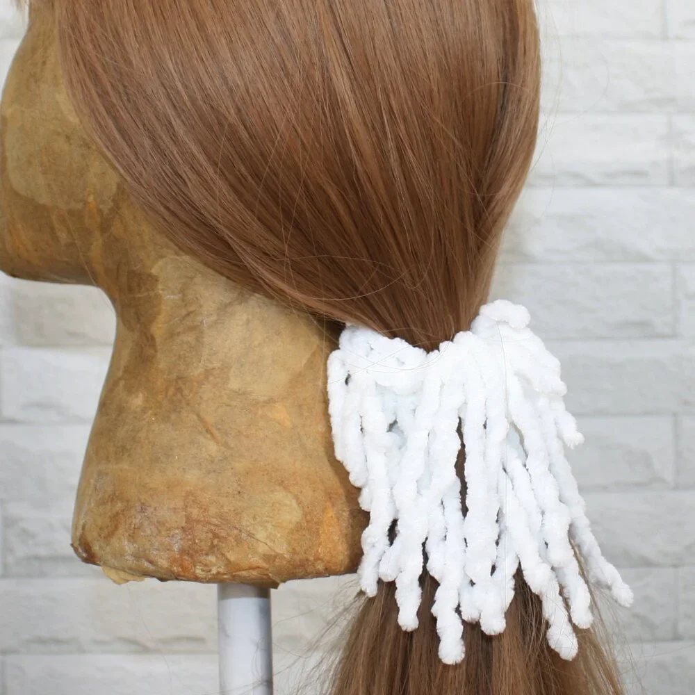 HAND CRAFTED Hair Scrunchie Fringe Crochet Kids Chenille White Cloud Dancer